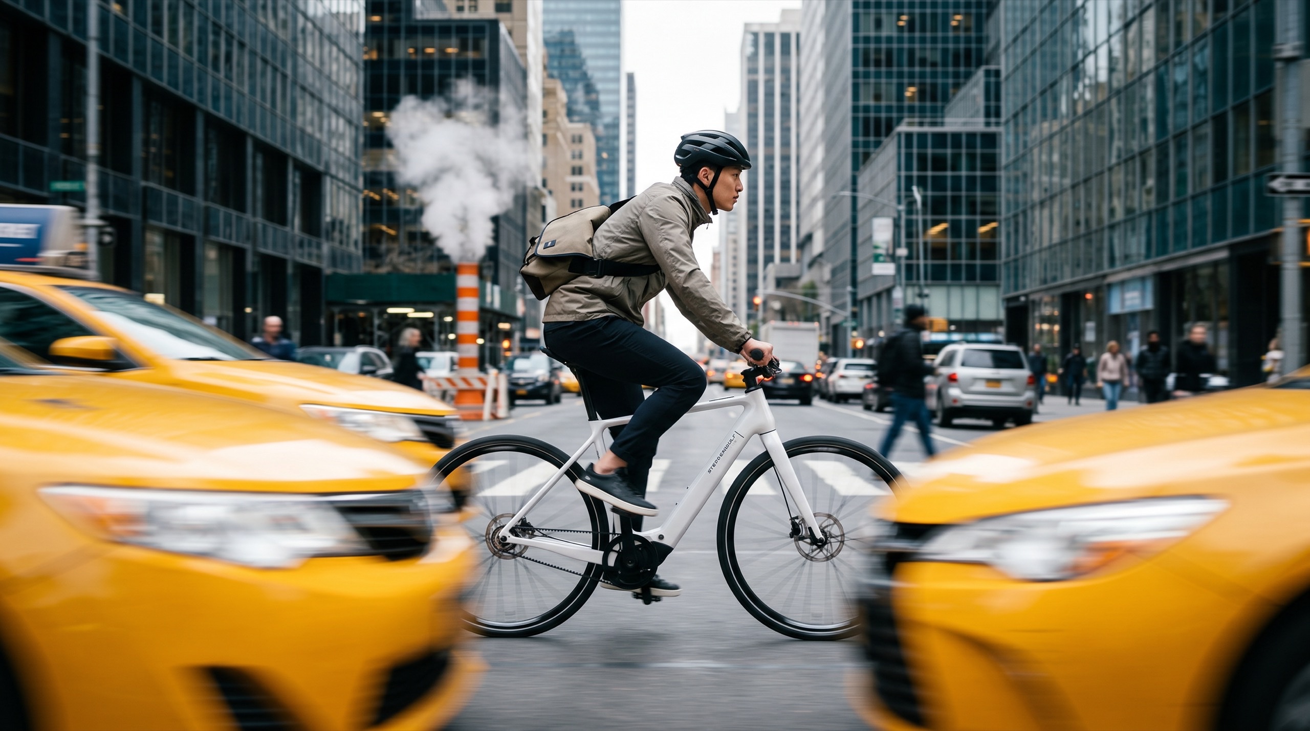 Steppenwolf Tao — KI-generiertes Lifestyle-Bild, urbaner Radfahrer in der Stadt