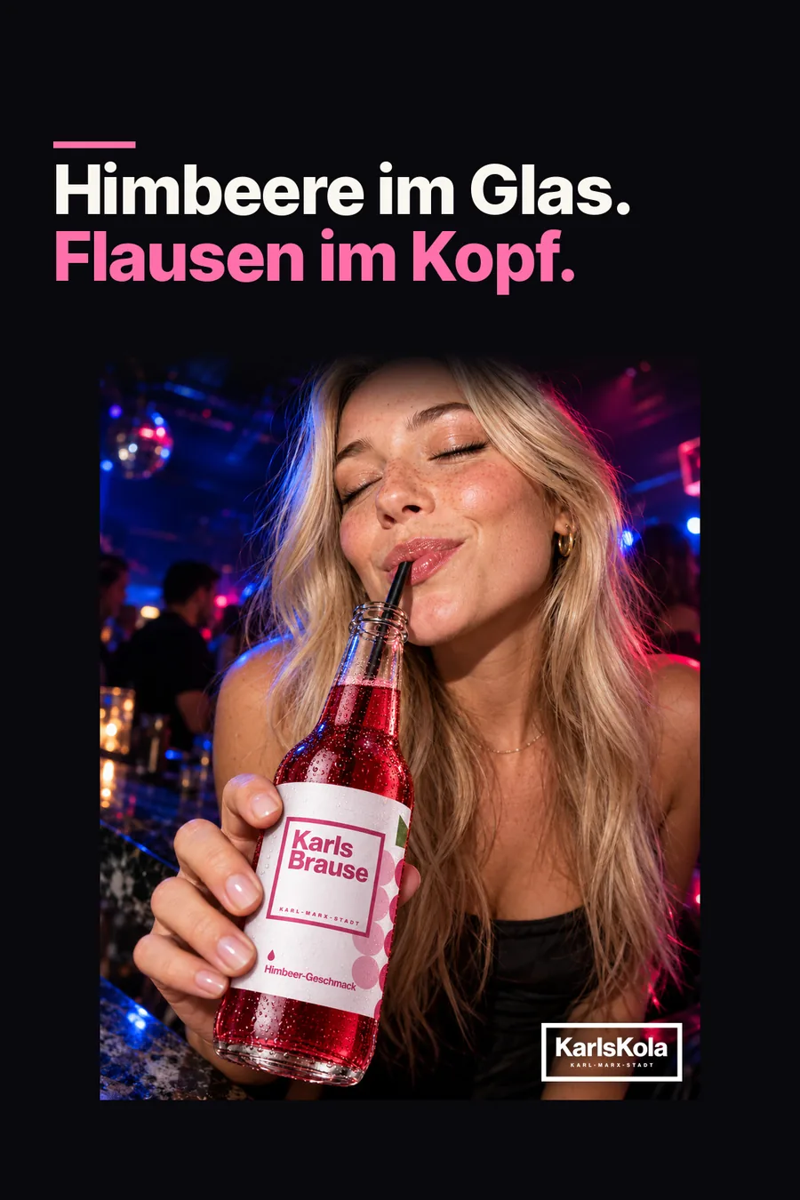 Anzeigenmotiv: Himbeere im Glas. Flausen im Kopf.