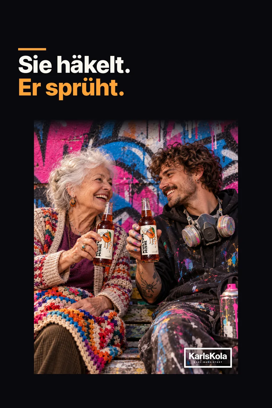 Anzeigenmotiv: Sie häkelt. Er sprüht.