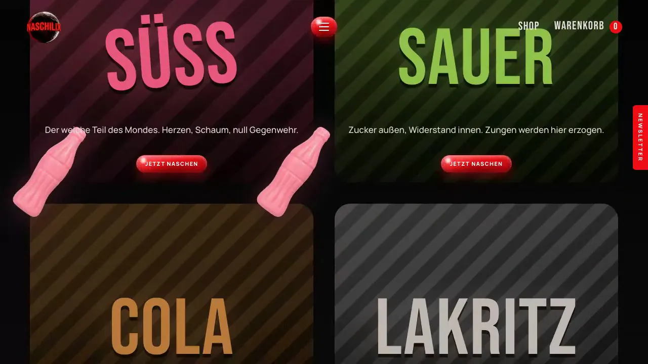 Die vier Welten Süß, Sauer, Cola und Lakritz als Karten